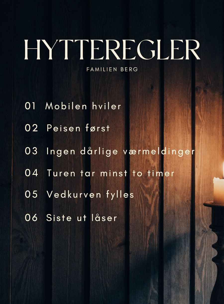 Hytteregler — plakat med familienavn