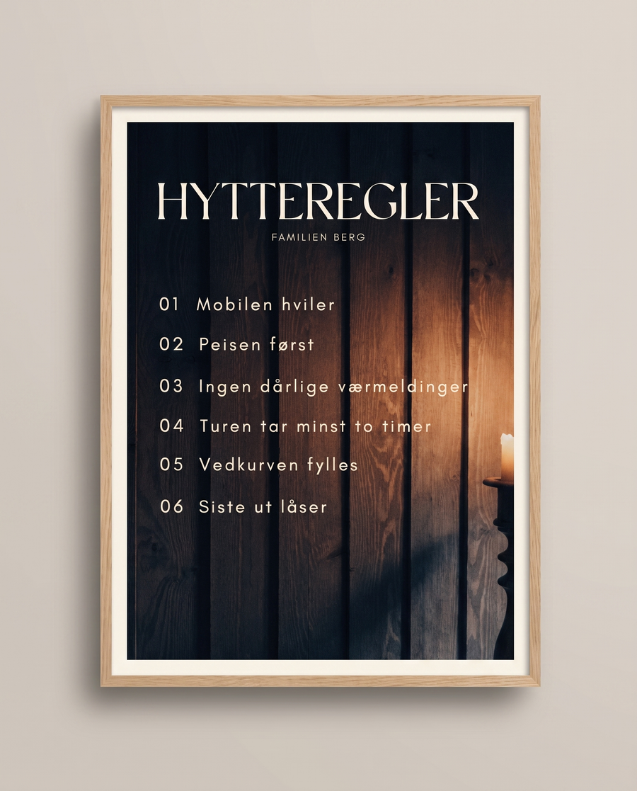 Hytteregler — plakat med familienavn