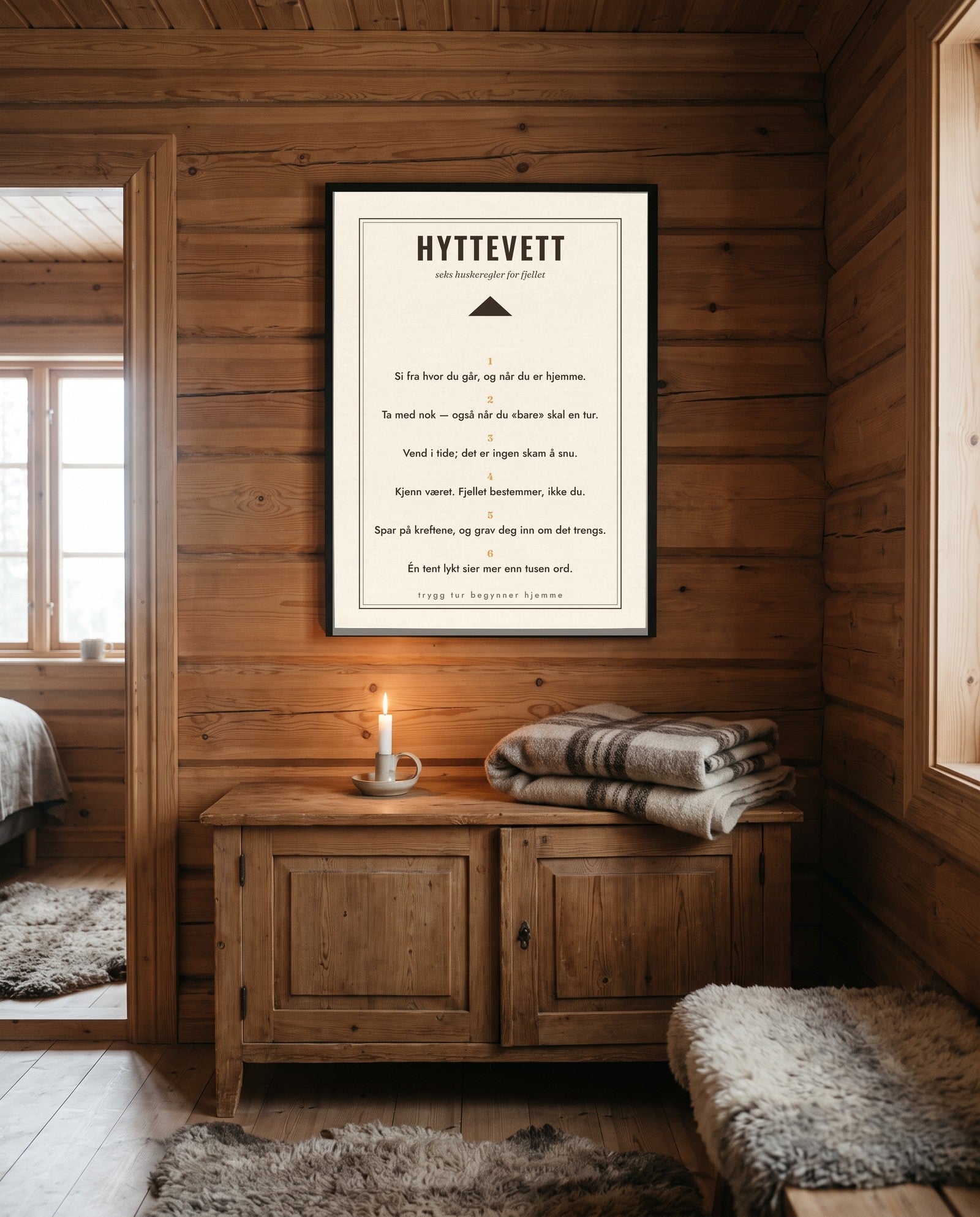 Hyttevett-plakat på hyttevegg