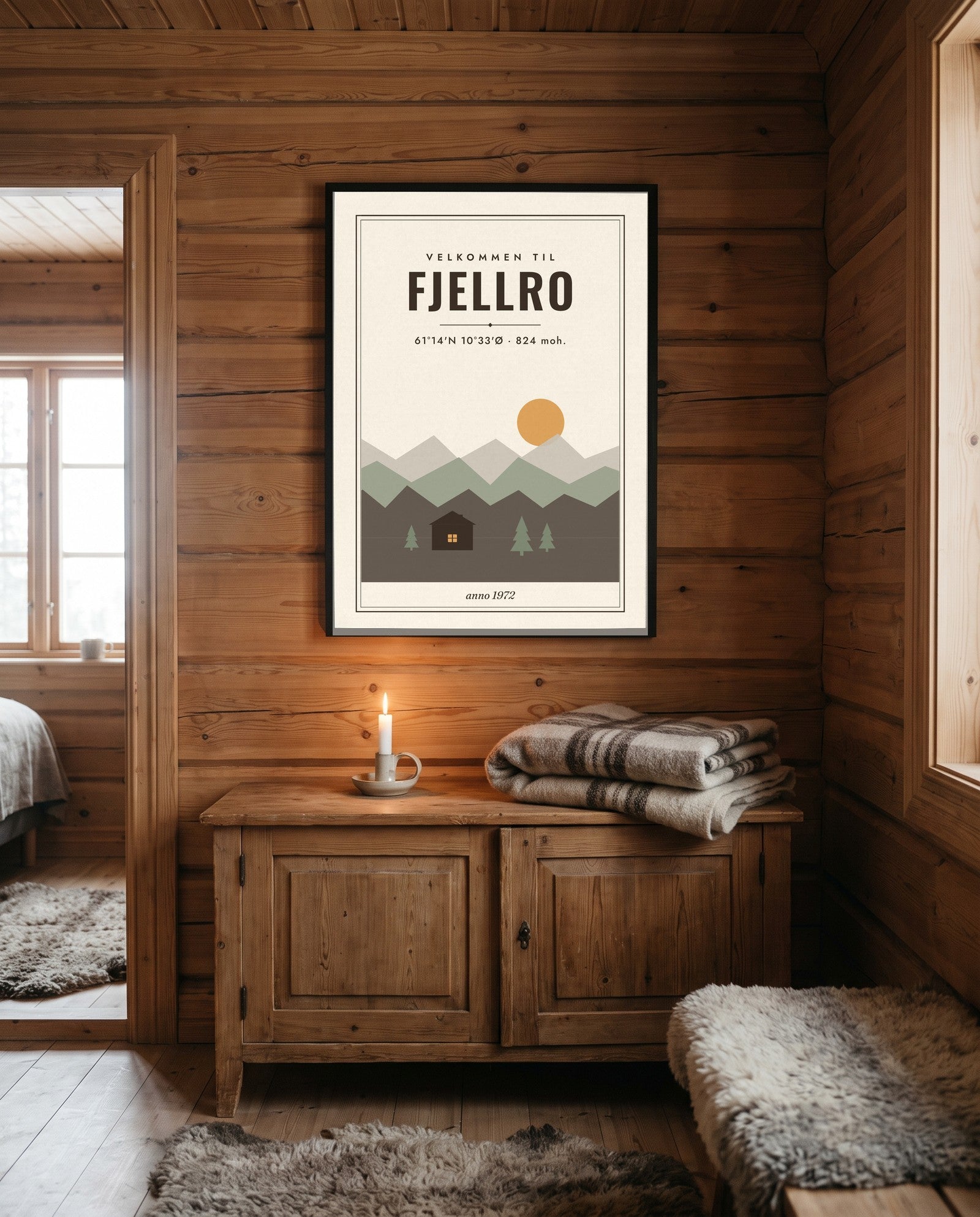 Hytteplakat med navn og koordinater på hyttevegg