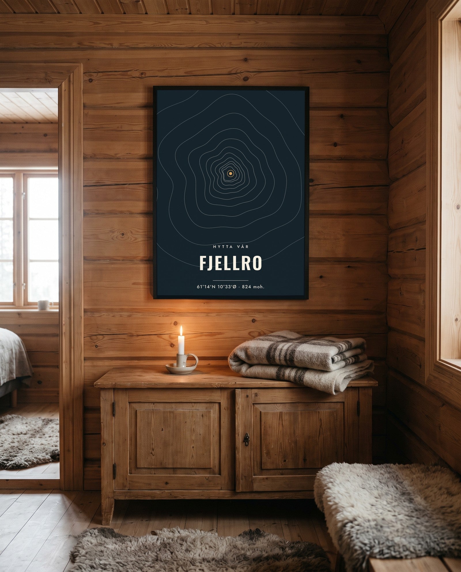 Topografisk hytteplakat i mørk utgave