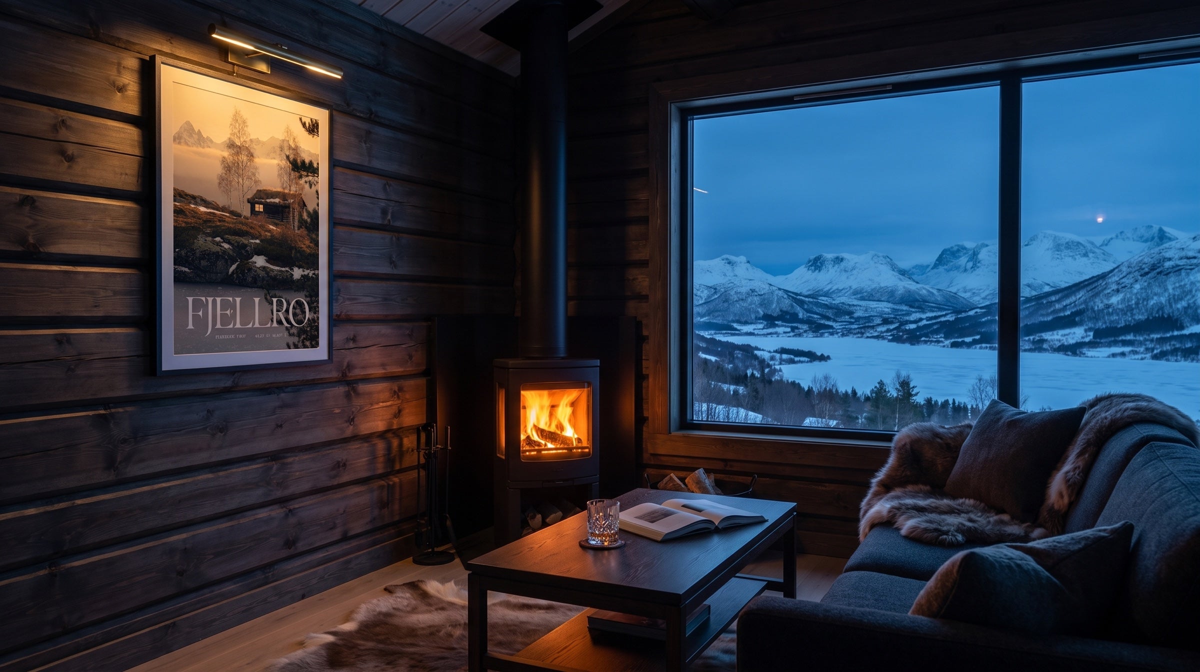 Hytteplakat i ramme på tømmervegg i en norsk hytte ved peisen